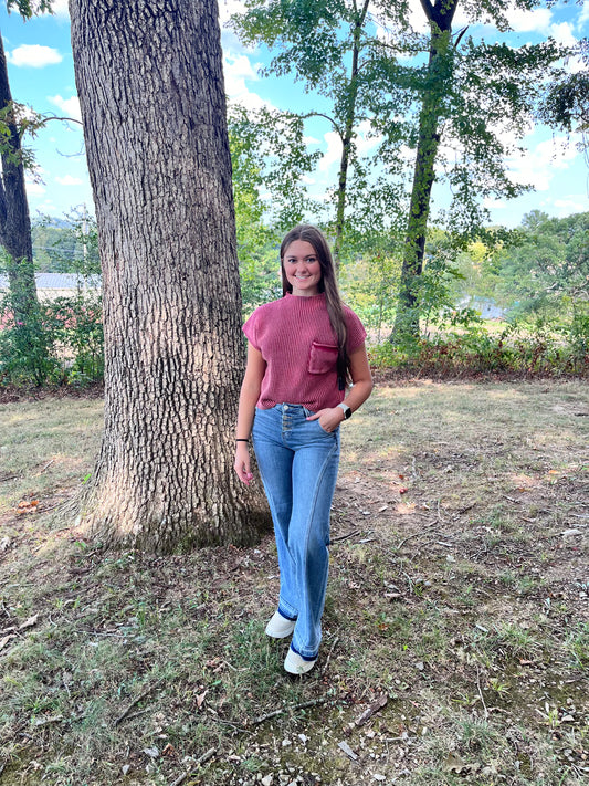 Washed mock neck short sleeve cropped sweater