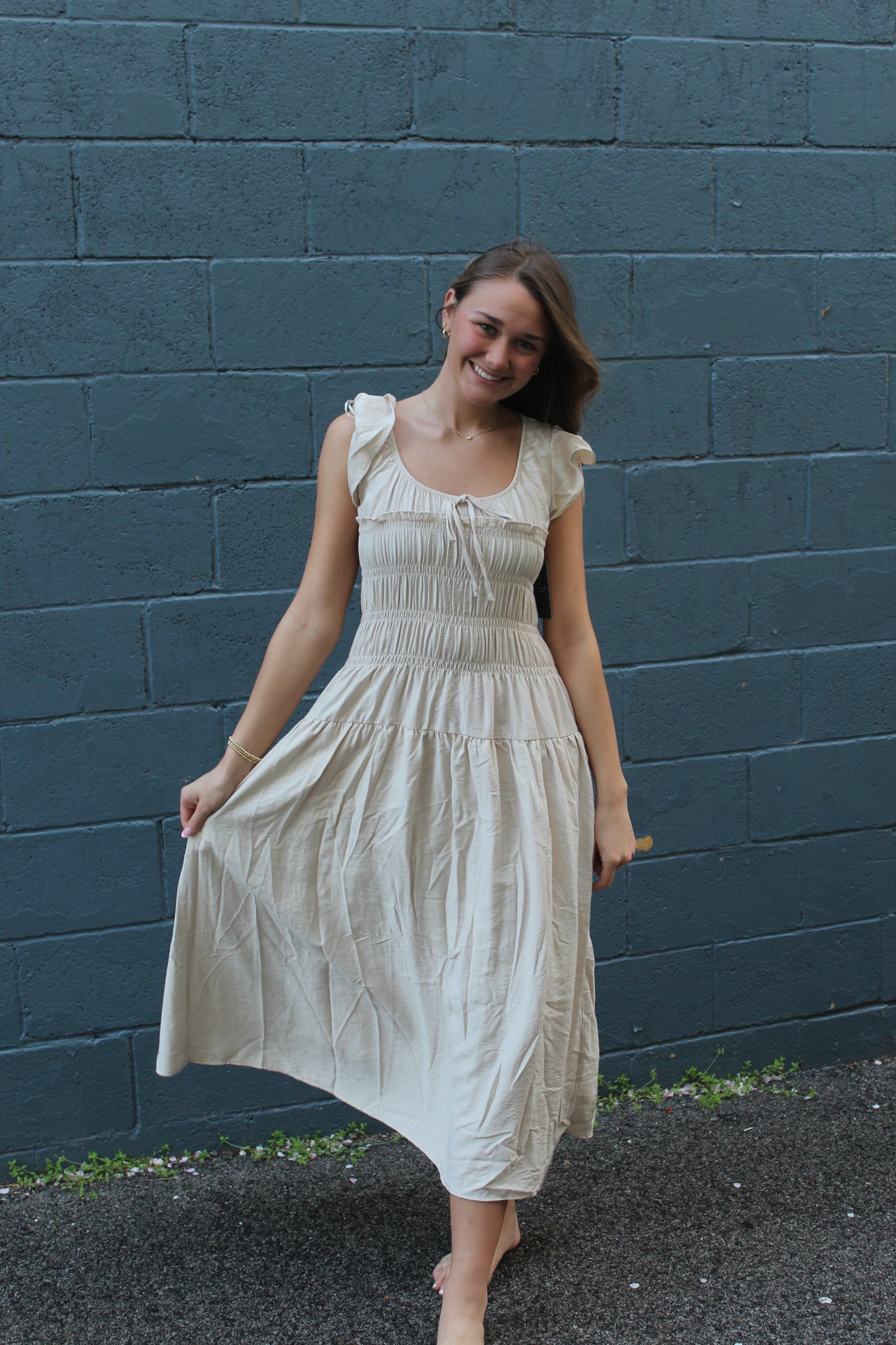 No Hesitation Shirred  Midi Dress