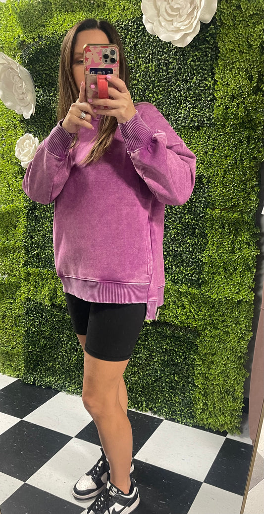 Acid Wash Fleece Hi-Low Hem Pullover