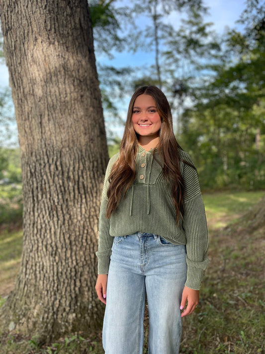 Hooded Henley Knit Sweater-Olive