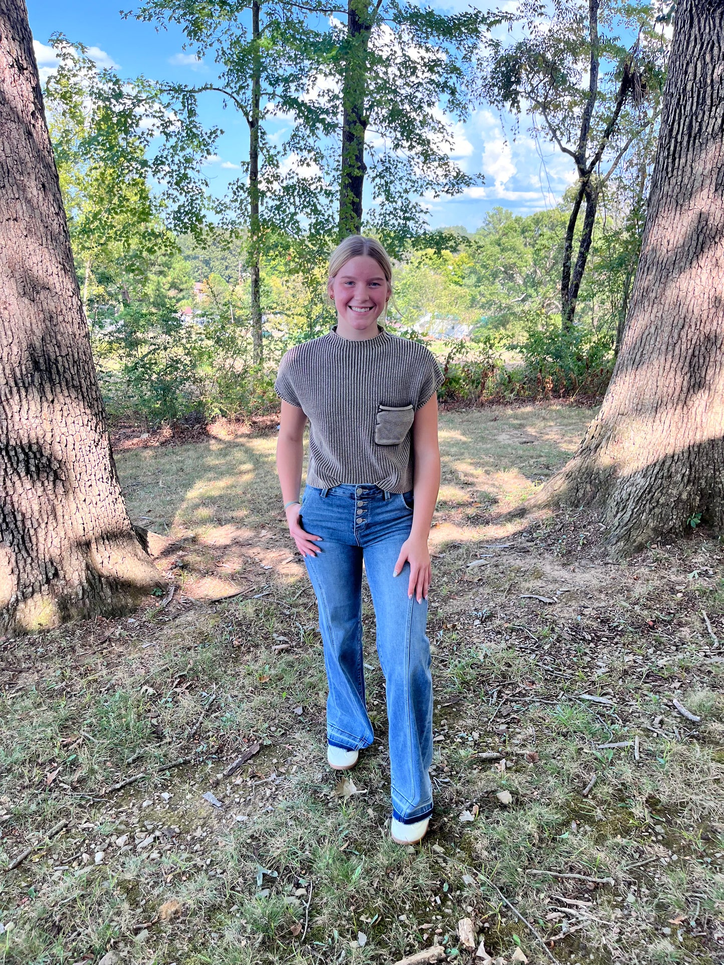 Washed mock neck short sleeve cropped sweater