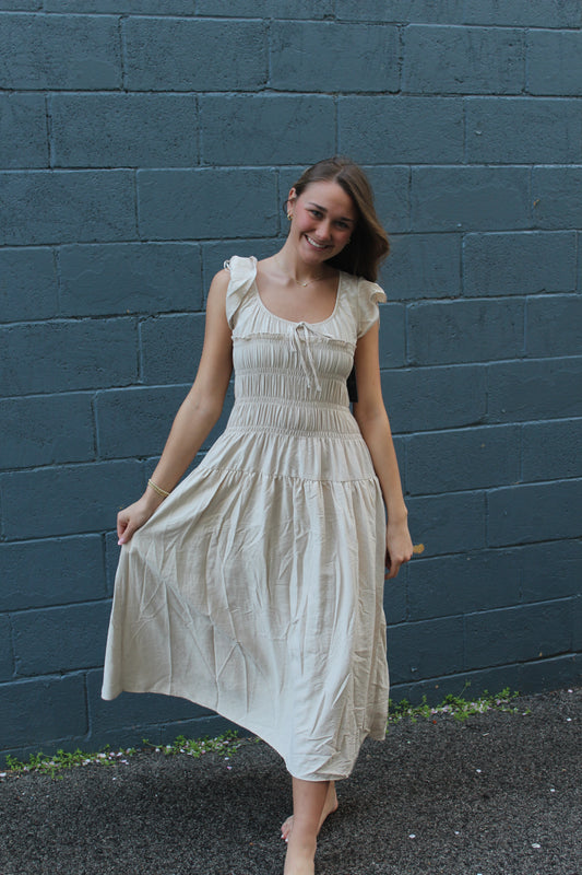 No Hesitation Shirred  Midi Dress