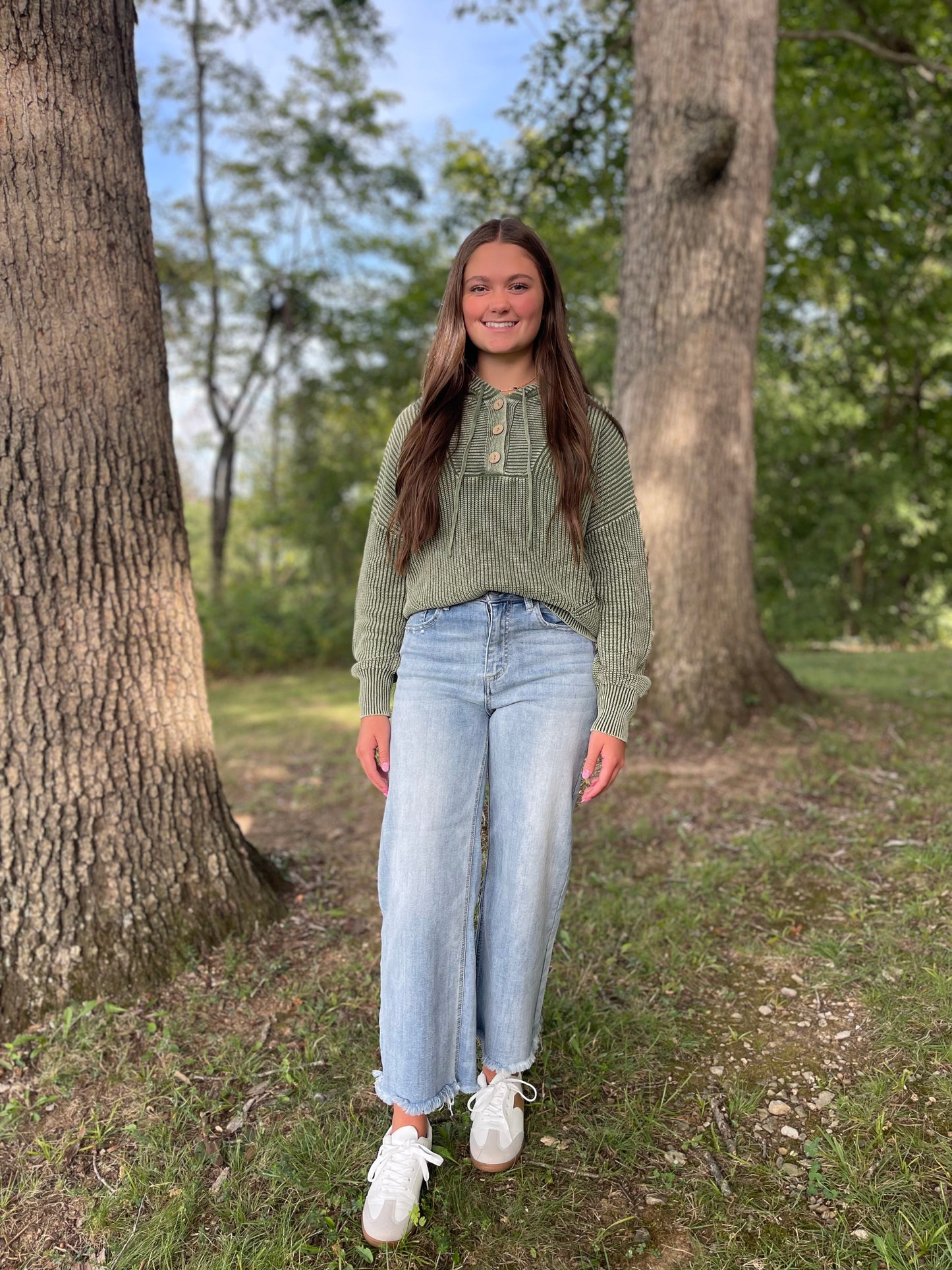 Hooded Henley Knit Sweater-Olive