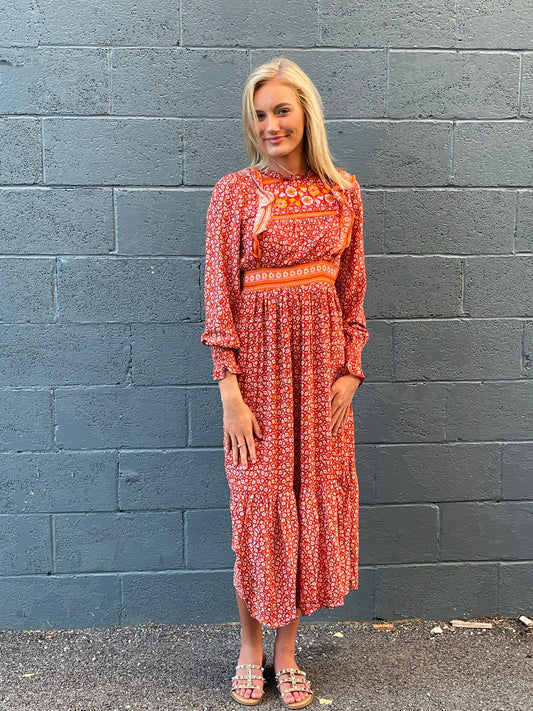 Boho Floral Print Midi Dress